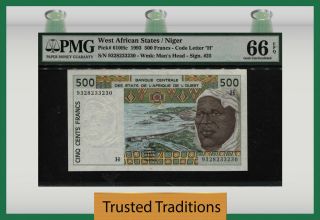 Tt Pk 610hc 1993 West African States / Niger 500 Francs Pmg 66 Epq Gem Unc