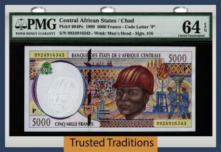Tt Pk 604pe 1999 Central African States 5000 Francs Pmg 64q Choice Uncirculated