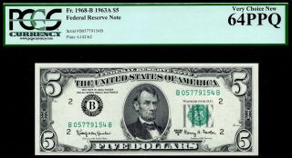 1963a $5 Five Dollar Bill Federal Reserve Note York Frn Pcgs 64ppq 1968 - B
