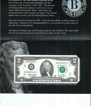 2003 $2 U.  S.  Federal Reserve Single Star Note (n.  Y. ) - Bep Holder - 0000 2144
