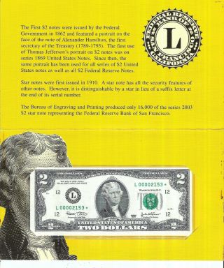 2003 $2 U.  S.  Federal Reserve Single Star Note (s.  F. ) - Bep Holder - 0000 2153