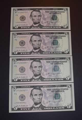 2013 $5 Dollar Bill Consecutive Set Of Four Uncirculated Notes Us Paper Money