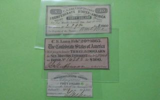 1863 - 65 Confederate States Of America 3 Authentic Civil War Bond Note