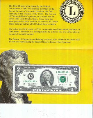 2003 $2 U.  S.  Federal Reserve Single Star Note (s.  F. ) - Bep Holder - 0000 2135