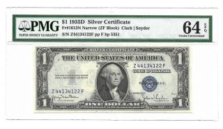 1935d $1 Silver Certificate,  Pmg Choice Uncirculated 64 Epq Banknote,  Narrow