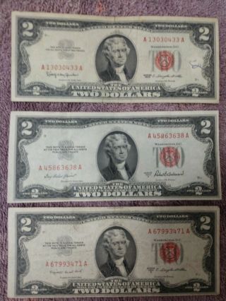 1963,  1963 - A,  1963 - B Federal Reserve Not $2.  00,  Two Dollar Bill.