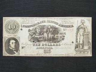 T - 30 1861 Confederate Currency $10 Ten Dollars