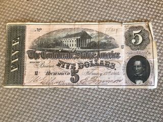 1864 Richmond,  Va $5 Dollar Confederate States Note