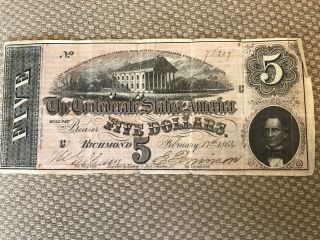 1864 Richmond,  VA $5 Dollar Confederate States Note 2