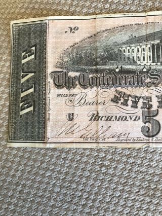 1864 Richmond,  VA $5 Dollar Confederate States Note 3
