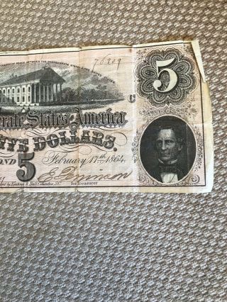 1864 Richmond,  VA $5 Dollar Confederate States Note 4
