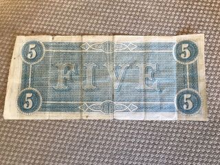 1864 Richmond,  VA $5 Dollar Confederate States Note 5