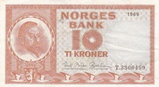 1969 Norway 10 Kroner Noter,  Prefix T,  Pick 31d