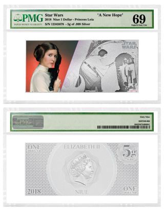 2018 Star Wars Hope Princess Leia Foil Note Silver Pmg Gem Unc 69 Sku53593