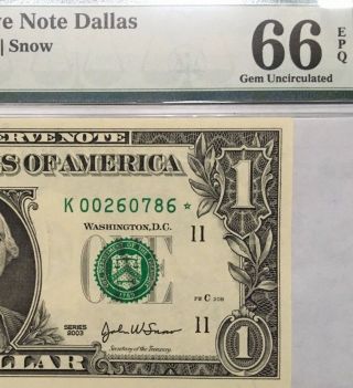 2003 $1 Dallas Star ⭐️ Banknote,  Pmg Gem Uncirculated 66 Epq,  1929 - K