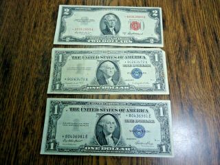 3 - 1935 To 1957 $1 Silver Certificate & $2 Us Note Star Notes Blue & Red Seals