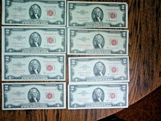 8 - 1953 & 1963 $2 Us Note Red Seal Notes In Circulated Shape Slightly Crisp Nr