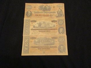 $100 1862,  $20,  1864 $10 1864 Richmond Va Confederate Currency Civil War Note