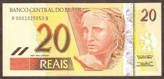 2002 Nd Brazil 20 Reais Note - Pick 250a - Sn A 0001025053 A - Unc
