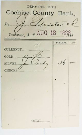 1886 Tombstone Az Territory Cochise County Bank Deposit Slip J.  Goldwaters