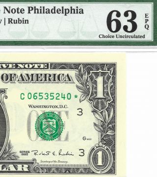 1995 $1 Philadelphia Star ⭐️ Banknote,  Pmg Choice Uncirculated 63 Epq 2 Of 2