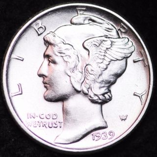 1939 - D Au Mercury Dime / Denver Almost Uncirculated 90 Silver Coin