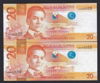 Philippines 20 Peso Ngc Solid Serial 555555 (2019,  2018) 2 Notes Uncirculated