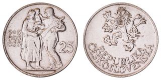 Xg.  480} Czechoslovakia 25 Korun 1955 / 10th Anniv.  Of Wwii Victory / Silver / Vf