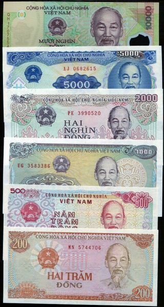 Vietnam Set 6 Unc 200 500 1000 2000 5000 10,  000 Dong 1987 - 2017 Paper Polymer