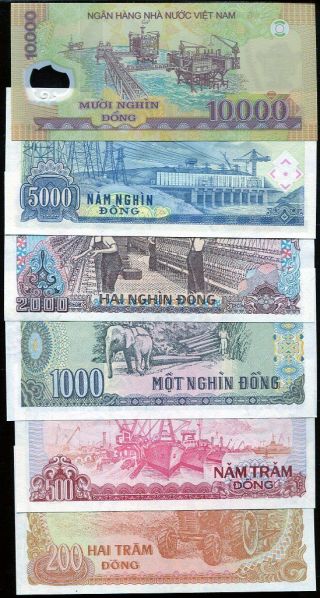 VIETNAM SET 6 UNC 200 500 1000 2000 5000 10,  000 DONG 1987 - 2017 PAPER POLYMER 2