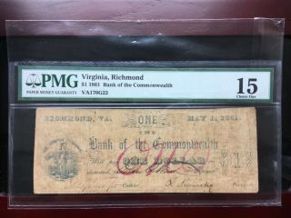 1861 $1 Bank Of The Commonwealth Richmond Virginia Pmg 15 Obsolete Note