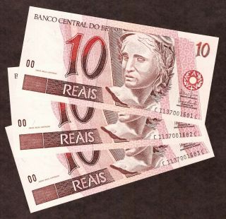 (3) 1997 Nd Brazil 10 Reais Note - Pick 245ag - Series 1137 - Consec Sn 