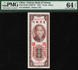 Tt Pk R120 1954 China / Taiwan Bank Of Taiwan 1 Yuan Pmg 64 Epq Choice Unc
