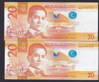 Philippines 20 Peso Ngc Solid Serial 111111 (2019,  2018) 2 Notes Uncirculated