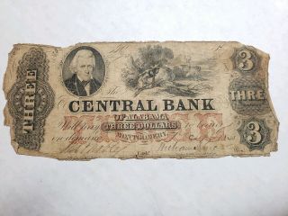 1865 $3 The Central Bank Of Alabama Note W/ Native American