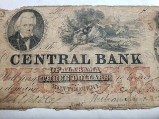 1865 $3 The Central Bank of ALABAMA Note w/ Native American 2