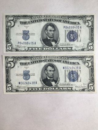 (2) 1934 C Silver Certificate Blue Seal Note $5 Dollar Denomination