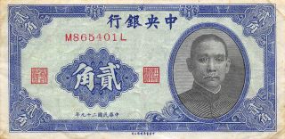 China 20 Cents 1940 Series M - L Circulated Banknote A23