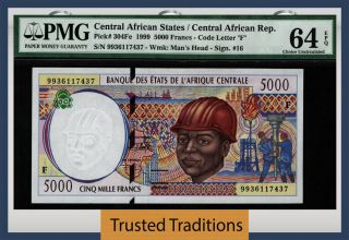 Tt Pk 304fe 1999 Central African States 5000 Francs Pmg 64 Epq Choice Unc