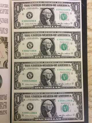 1985 Collector Set Of Four $1.  00 Uncut Bills - Bureau Of Engraving & Printing