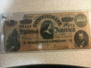 1864 $100 Confederate State Of America One Hundred Dollars Civil War Note