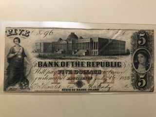 1855 $5 Five Dollar Bank Of The Republic Providence,  Rhode Island