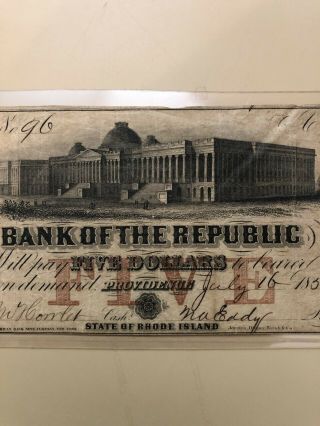 1855 $5 five dollar Bank of the Republic Providence,  Rhode Island 4