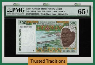 Tt Pk 110ag 1997 West African States Ivory Coast 500 Francs Pmg 65 Epq Gem Unc
