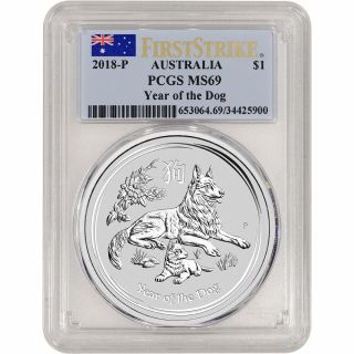 2018 P Australia Silver Lunar Year Of The Dog 1 Oz $1 - Pcgs Ms69 First Strike