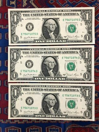 1981 Three Sequential One Dollar Bills Unc $1 E Richmond Va Virginia U.  S.