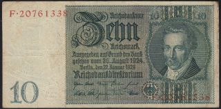 1929 10 Reichsmark Germany Vintage Nazi Old Paper Money Banknote Currency Vf