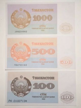 Set Of 3 - 1993 Uzbekistan 100 - 500 - 1000 Sum - Unc