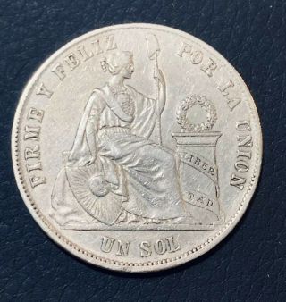 1871 Yj Peru Silver Un Sol Crown Coin.  Double Strike On Obverse