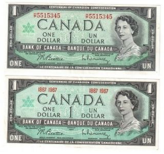 1967 Canadian One Dollar Bills Centennial Of Canada 1867 1967 And H/p 5515345